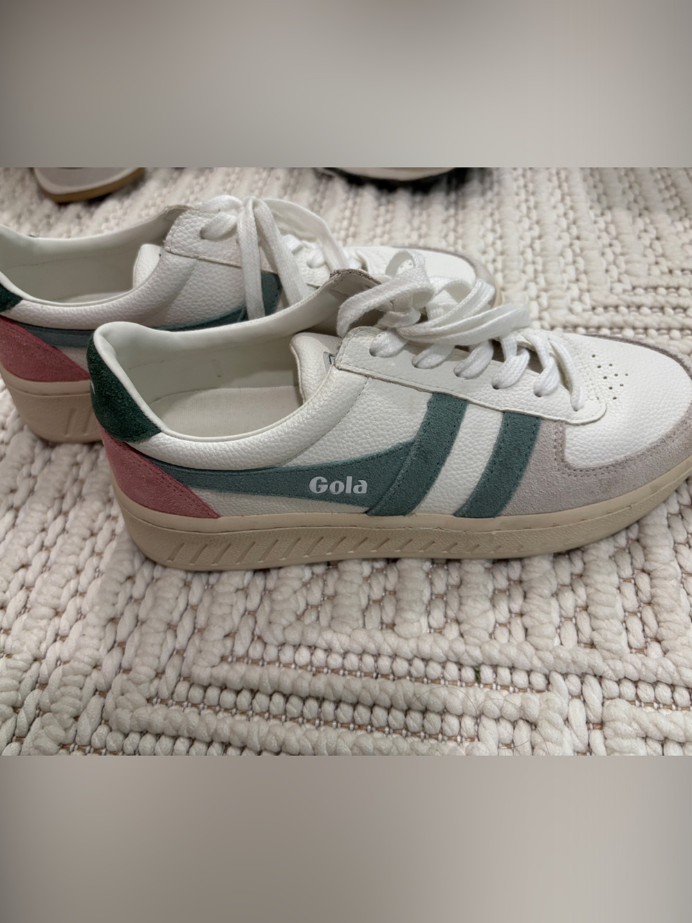 Gola Women's Grandslam Trident White Sneakers Green Stripes and Pink Heel